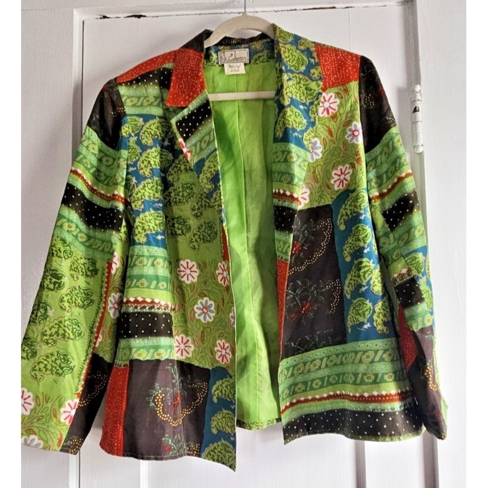 Vtg Silk Collection Harve Benard floral open front lined silk blazer woman Sz 16